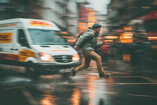 A man running in the rain with a van in the background photo