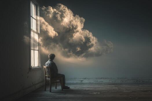 A man sitting in a chair looking out a window at a cloud photo