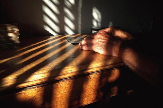 A person sitting at a desk with their hands on the table photo