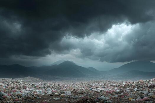 A garbage dump with dark clouds over it photo