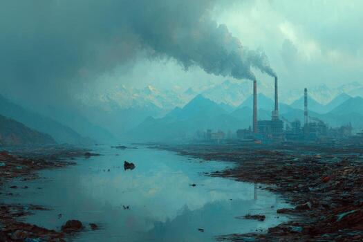 A polluted river with mountains in the background photo