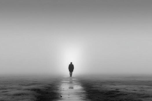 A man standing in the fog on a path photo