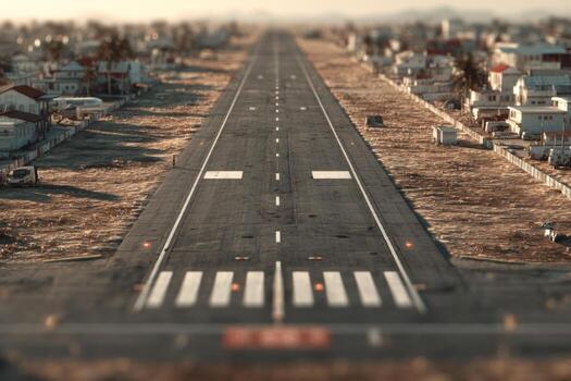 An empty runway with houses on the side photo
