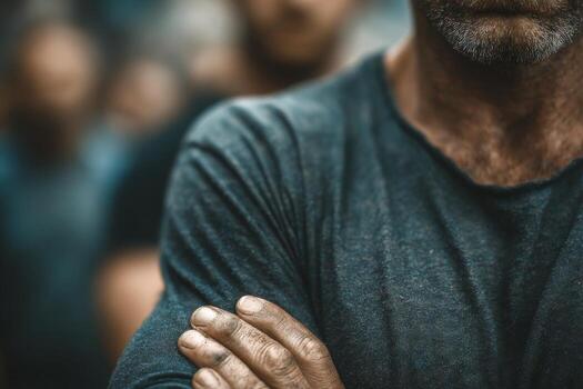 A man with his arms crossed in front of a crowd photo