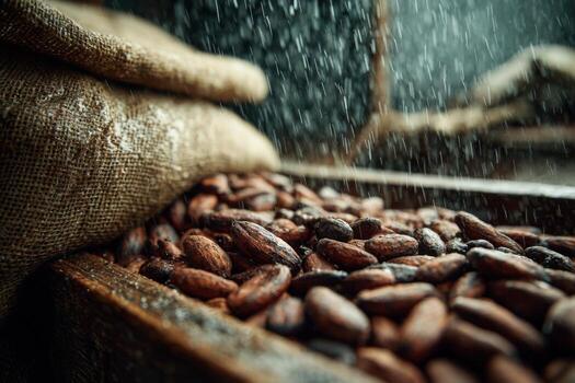 Cocoa beans in a sack photo