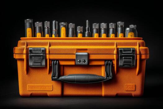 An orange tool case with many different tools photo