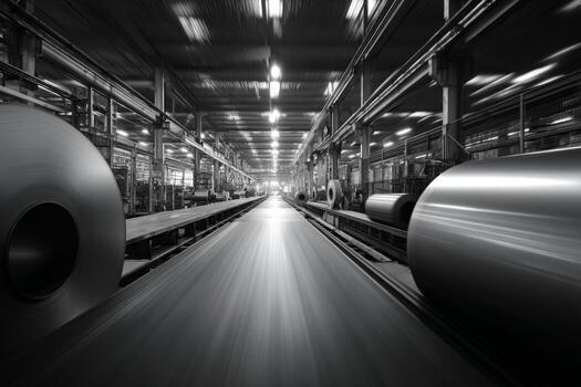Black and white image of a factory with rolls of metal photo