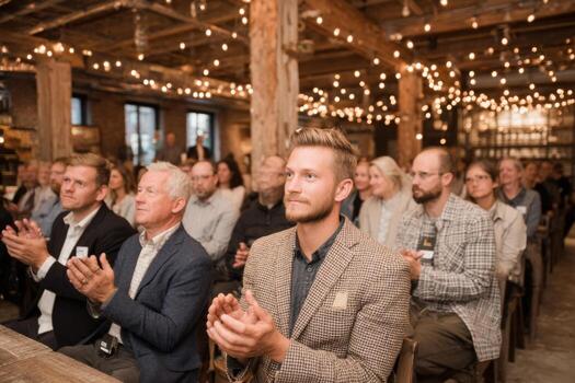 A group of people sitting in a room with lights and string lights photo