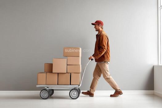 Man pushing cart with boxes in room photo