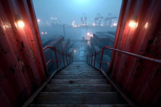 A stairway leading to a dock with red cargo containers photo