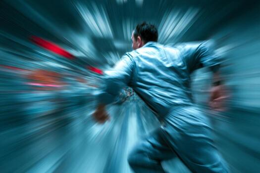 A man running in a blue suit in a blurry photo