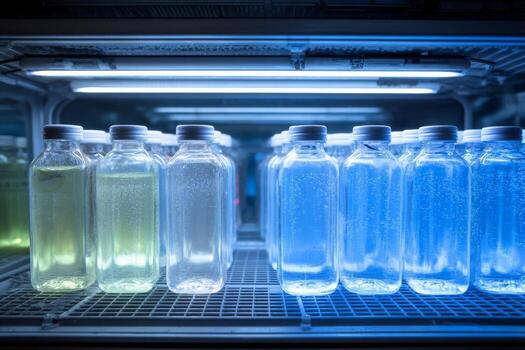 A row of bottles filled with liquid in a lab photo