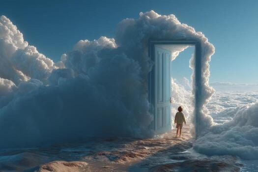 A woman standing in front of an open door in the clouds photo