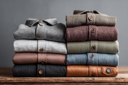 A stack of different colored shirts on a wooden table photo