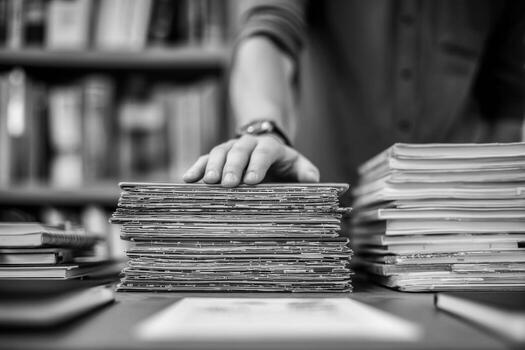A person is holding a stack of books on a table photo