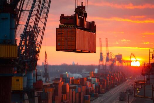 A container is being lifted by crane at sunset photo