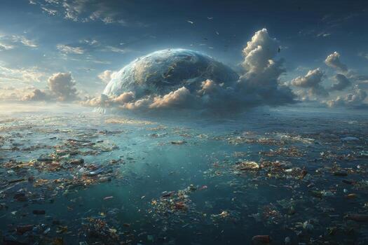 A planet surrounded by garbage and clouds photo