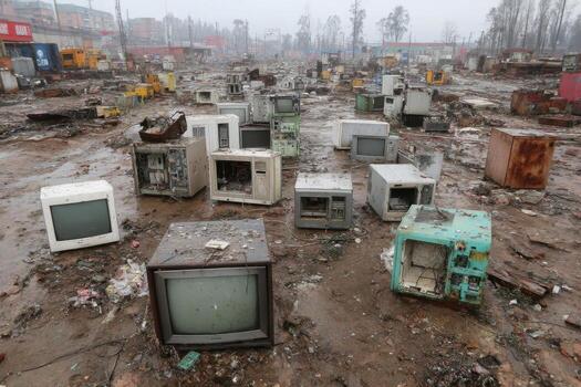 un pila de antiguo televisores y ordenadores en un sucio zona foto