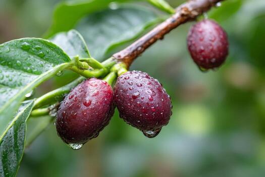 Three ripe red fruits hang on a branch photo