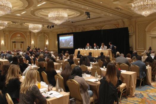A large group of people sitting at tables in a room photo