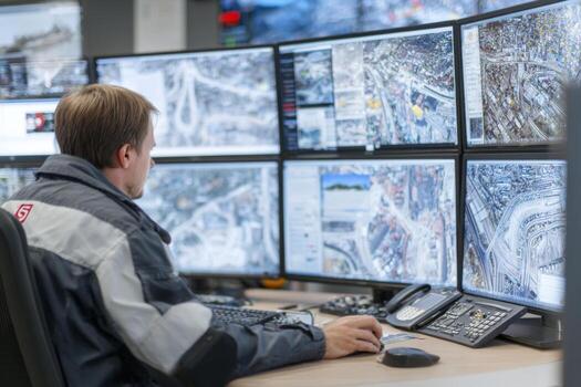 A man in a gray jacket is looking at multiple screens photo