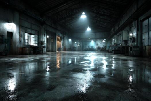 An empty warehouse with lights shining on the floor photo