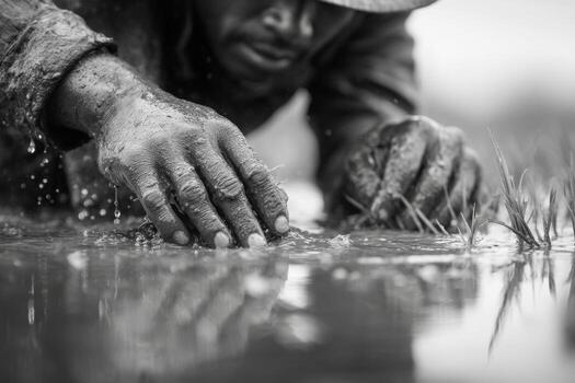 A man in a hat is digging in the water photo