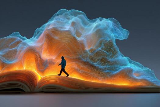 A man walking on an open book with a fire coming out of it photo