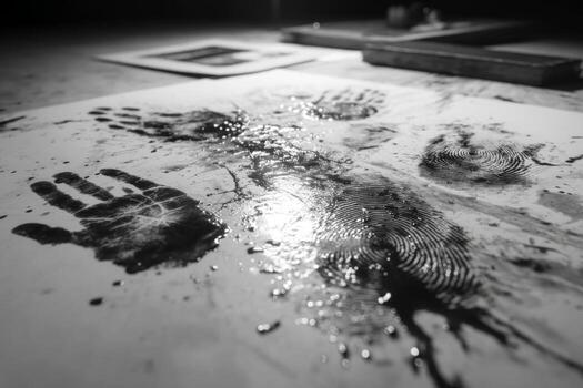 A black and white photo of a handprint on a table