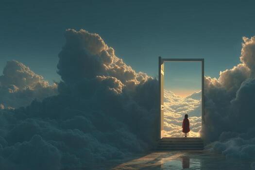 A person standing in front of an open door in the clouds photo