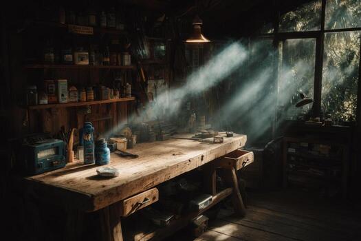 A workbench in a dark room with sunlight streaming through the window photo