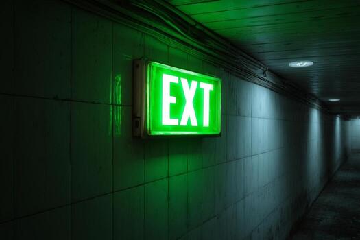 A green exit sign in a dark hallway photo