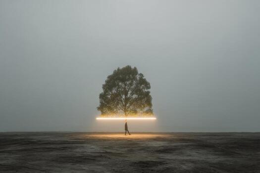 A tree with a light shining on it in the fog photo