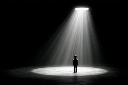 un hombre en pie en el medio de un oscuro habitación con un destacar brillante en él foto