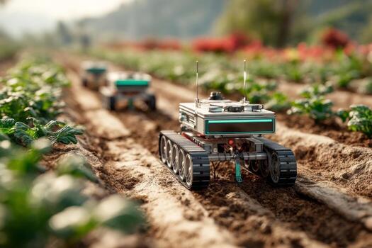 A toy robot is driving through a field photo