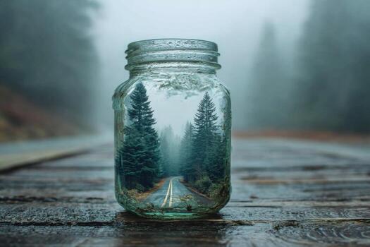A jar with a picture of a forest and a road inside photo