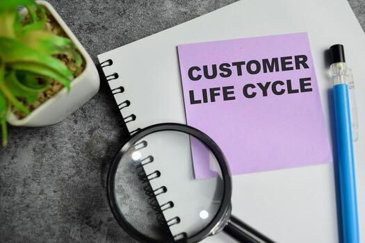 Concept of customer life cycle write on sticky notes isolated on Wooden Table. photo