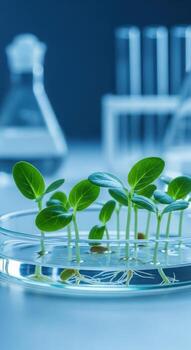 Green sprouts growing in test tubes in a scientific laboratory setting photo