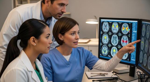 Medical professionals analyzing brain scans on computer monitors photo