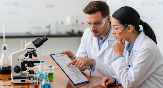 Scientists collaborating on research data in a laboratory setting photo