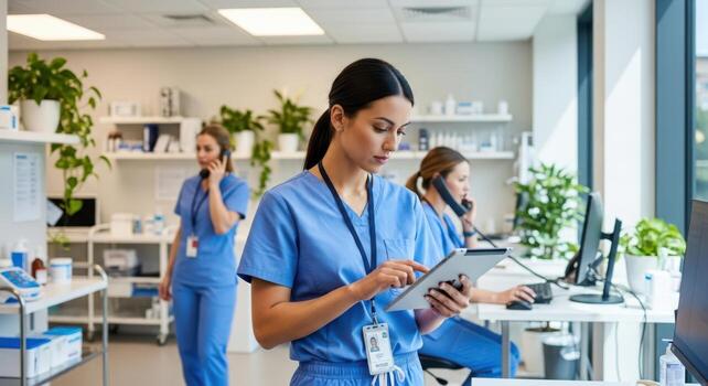 Healthcare professionals working with technology in a modern clinic setting photo