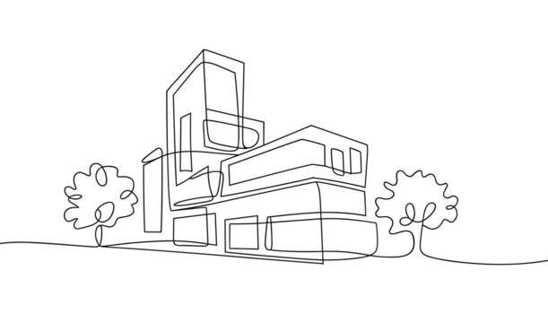 Modern Building and Trees Single Line Drawing architecture vector