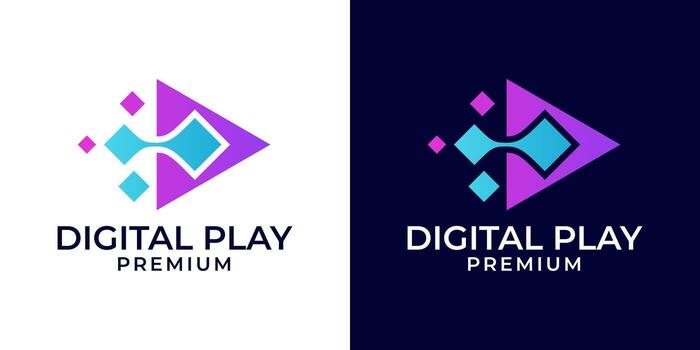Play pixel logo design template. Digital play logo with pixel design element. logo of digital, data, play, pixel, , arrow, forward, marketing, , connection. vector