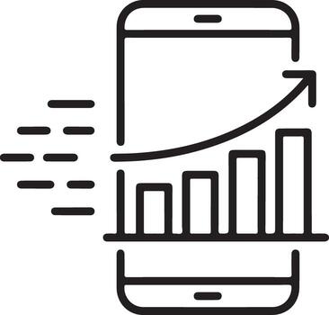 Mobile phone displaying a rising bar graph with an upward trend arrow and speed lines vector