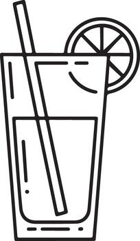 Simple line art illustration of a refreshing tall glass of juice with a straw and lemon slice vector