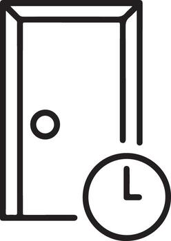 Simple line art icon of an open door with a clock symbol indicating time vector