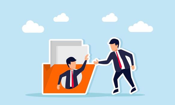 Businessman helping another businessman inside a circle placed on a document folder illustration of support in organizing document archives vector