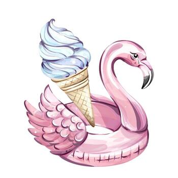 A vibrant flamingo float adorned with a delightful ice cream cone captures the essence of summer fun. Perfect for beach days, parties, and joyful gatherings in the sun. vector