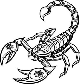 Stylized black and white scorpion with ornate claws and segmented tail vector