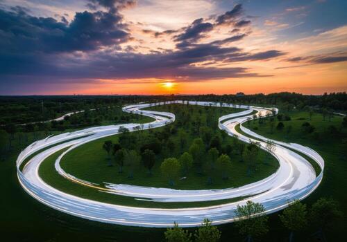 Serpentine road illuminated by car headlights at dusk capturing dynamic light trails overhead photo